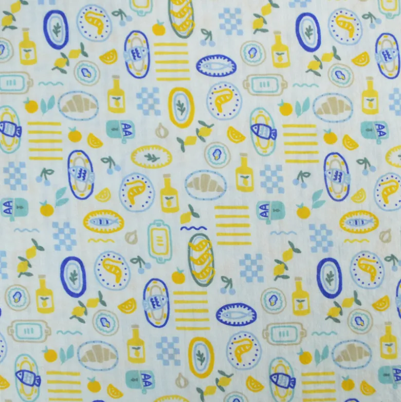 Tissu Seersucker Imprimé Riviera Gourmande Jaune et Bleu