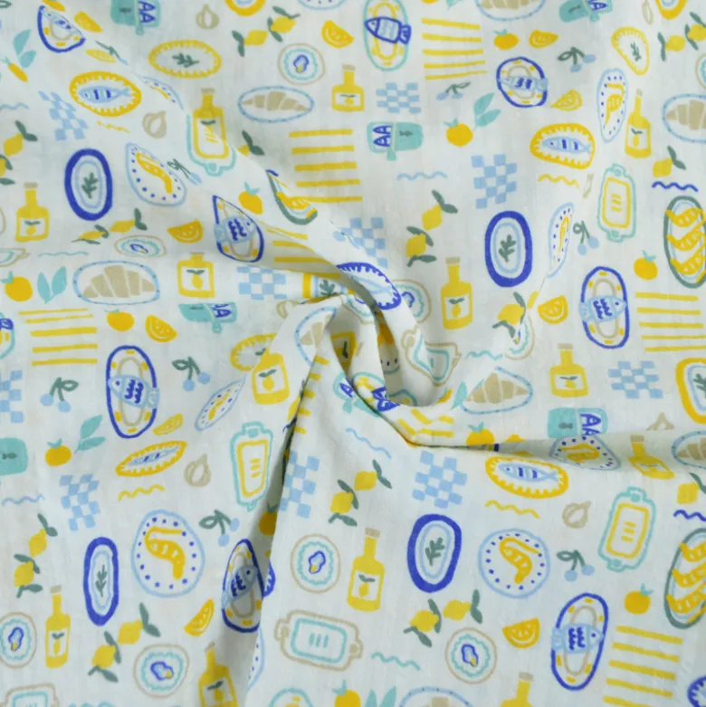 Tissu Seersucker Imprimé Riviera Gourmande Jaune et Bleu