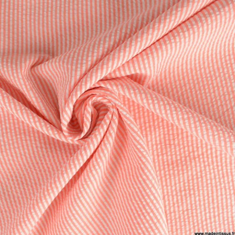 Tissu seersucker à rayures Corail et blanc