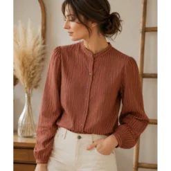 Tissu seersucker à rayures larges - Caramel et Aubergine
