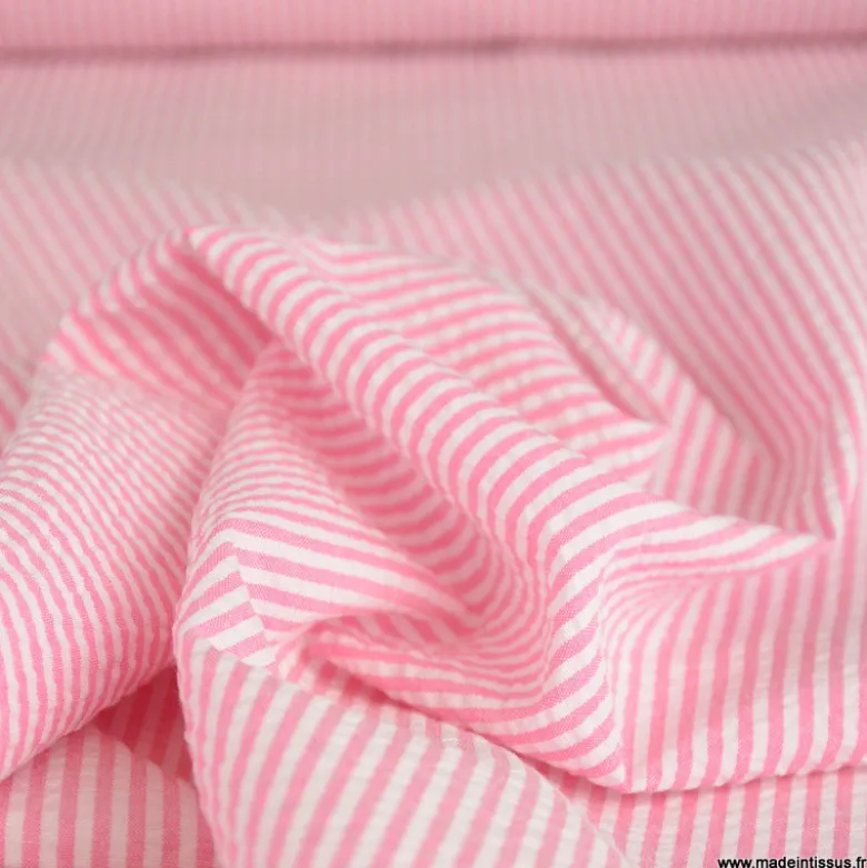 Tissu seersucker à rayures Rose et blanc