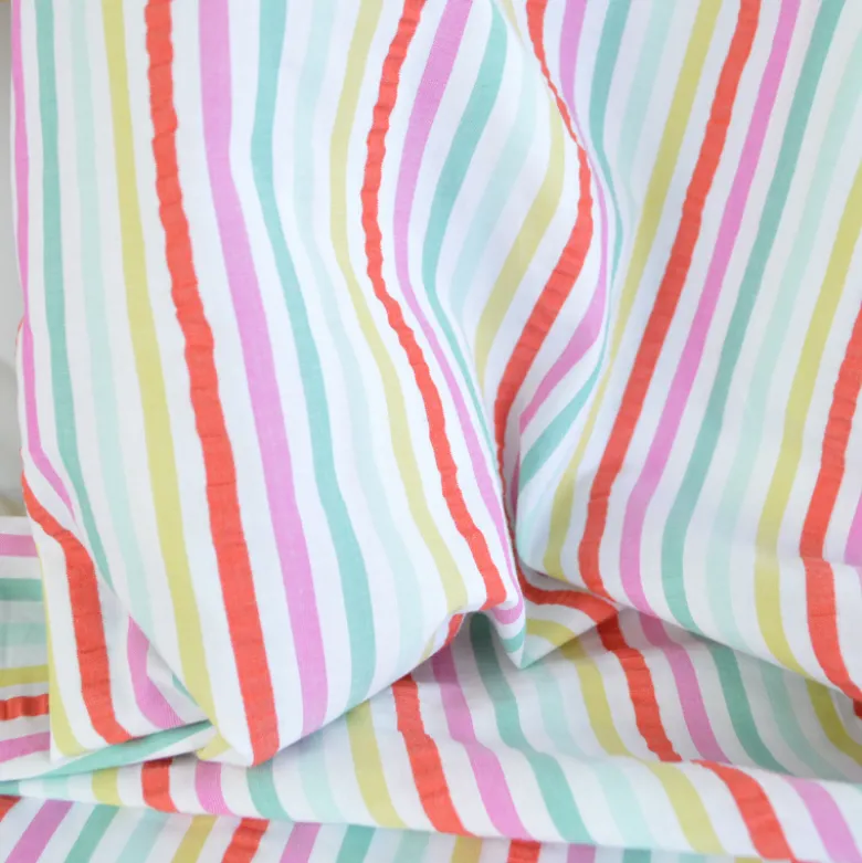 Tissu seersucker à rayures rouge, vert et rose