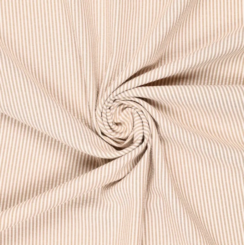 Tissu seersucker à rayures sable et blanc - oeko tex