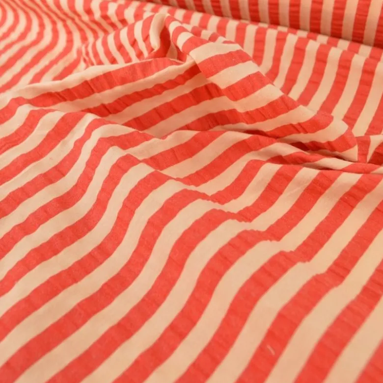 Tissu seersucker à rayures Tom - Abricot et Cerise