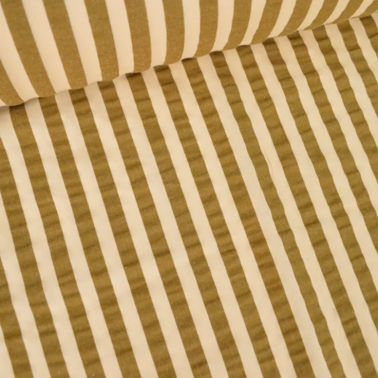 Tissu seersucker à rayures Tom - Pêche et Havane