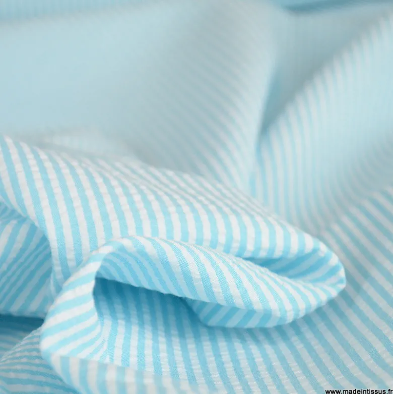 Tissu seersucker à rayures Turquoise et blanc