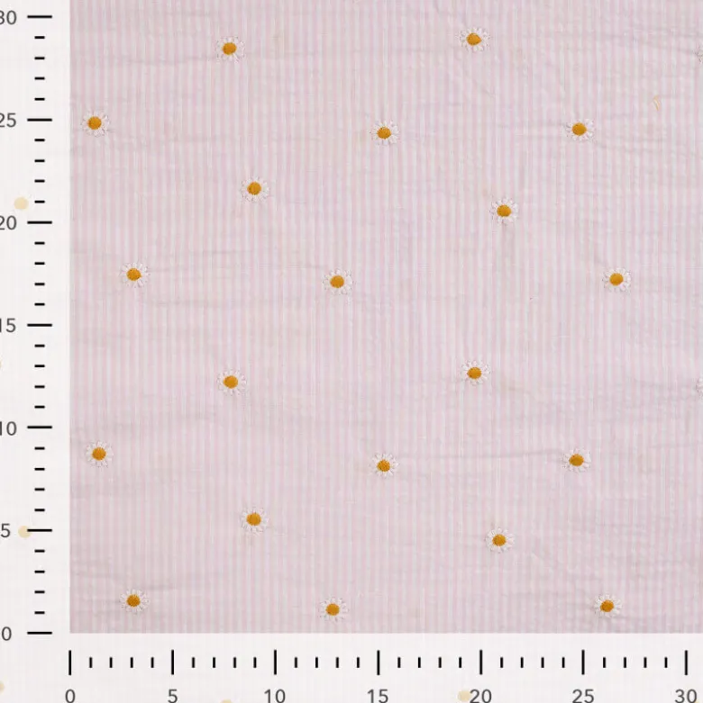 Tissu Seersucker Rose Nude Rayures Fines Brodé Marguerites – Coton Léger Été