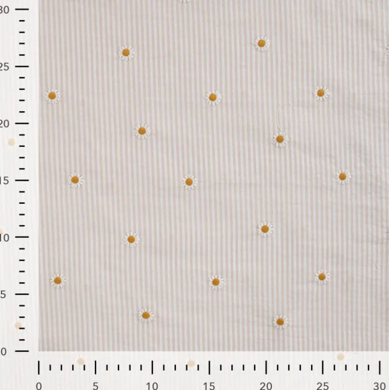 Tissu Seersucker Sable Rayures Fines Brodé Marguerites – Coton Léger Été