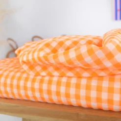 Tissu seersucker Vichy grands carreaux Orange fluo