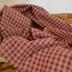 Tissu seersucker Vichy grands carreaux Caramel et Aubergine - OEKO TEX