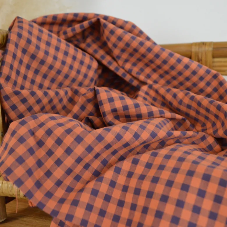 Tissu seersucker Vichy grands carreaux Caramel et Aubergine - OEKO TEX
