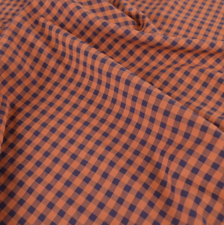 Tissu seersucker Vichy grands carreaux Caramel et Aubergine - OEKO TEX