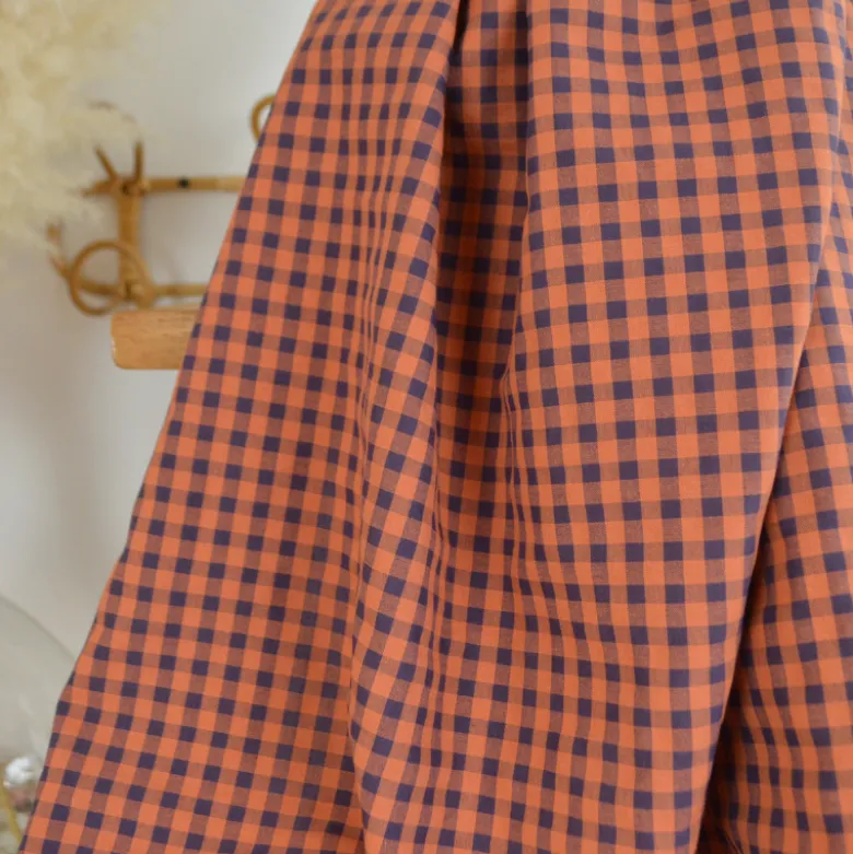Tissu seersucker Vichy grands carreaux Caramel et Aubergine - OEKO TEX