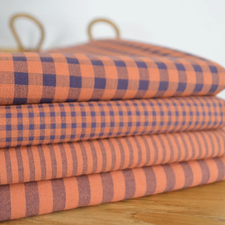 Tissu seersucker Vichy grands carreaux Caramel et Aubergine - OEKO TEX