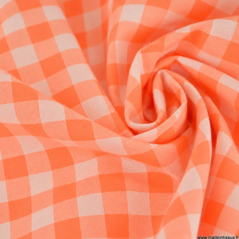 Tissu seersucker Vichy grands carreaux Orange Fluo - OEKO TEX