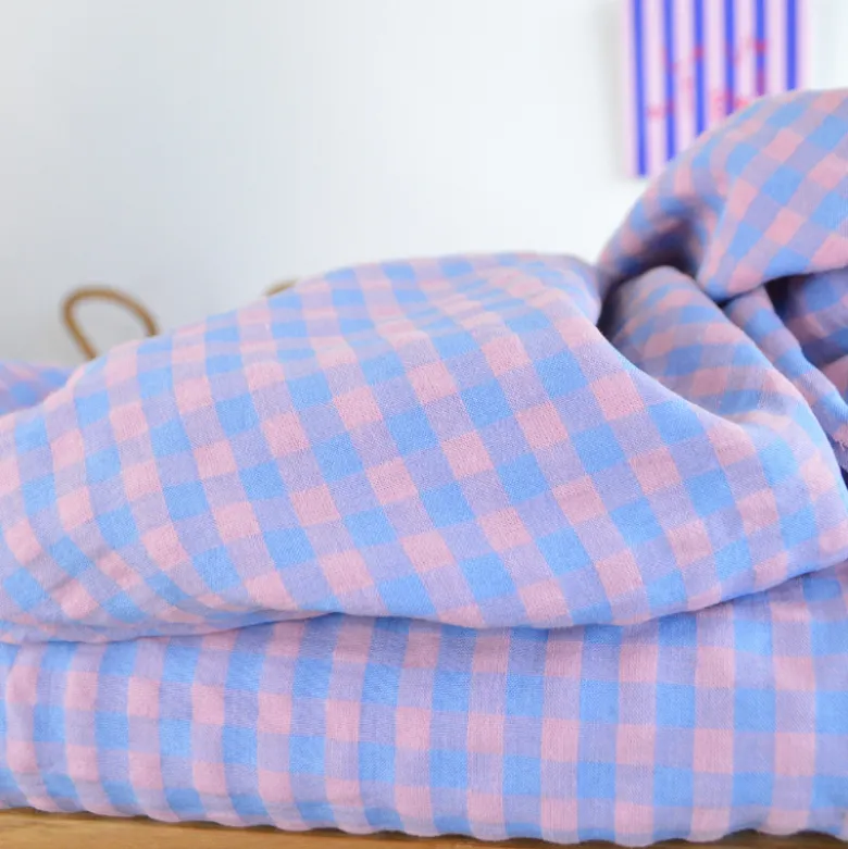 Tissu seersucker Vichy grands carreaux Bleu indigo et rose