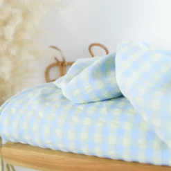 Tissu seersucker Vichy grands carreaux Bleu et jaune pâle