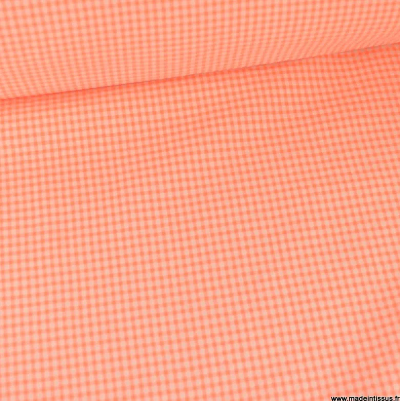 Tissu seersucker Vichy petits carreaux Orange Fluo - OEKO TEX