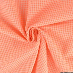 Tissu seersucker Vichy petits carreaux Orange Fluo - OEKO TEX
