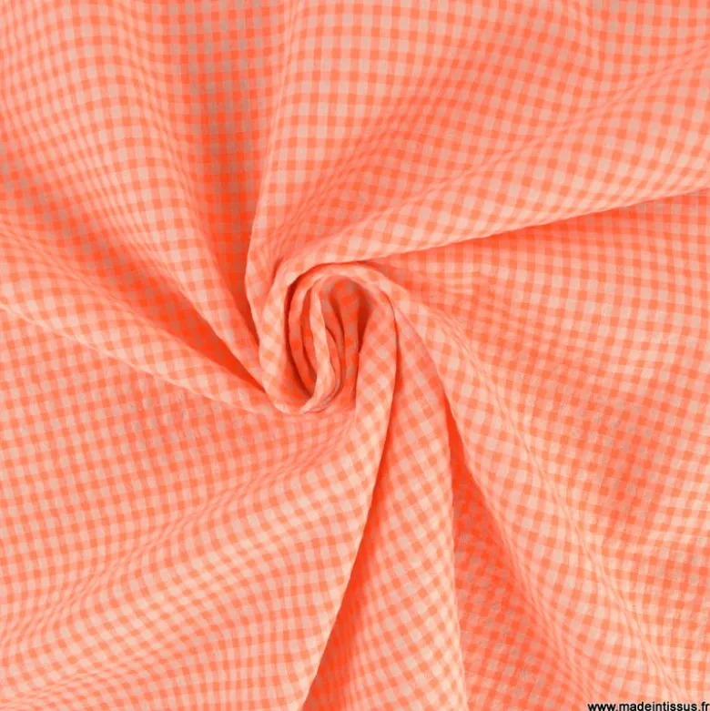 Tissu seersucker Vichy petits carreaux Orange Fluo - OEKO TEX