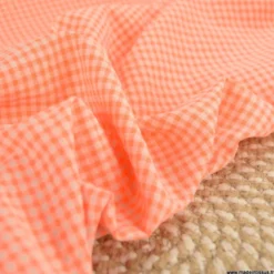 Tissu seersucker Vichy petits carreaux Orange Fluo - OEKO TEX