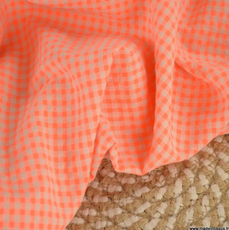 Tissu seersucker Vichy petits carreaux Orange Fluo - OEKO TEX
