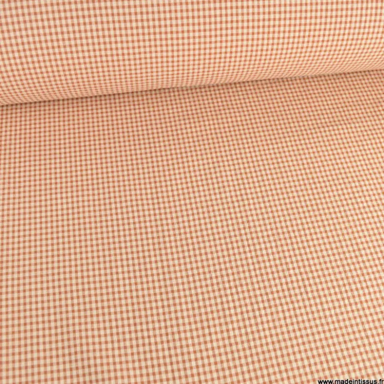 Tissu seersucker Vichy petits carreaux caramel et écru