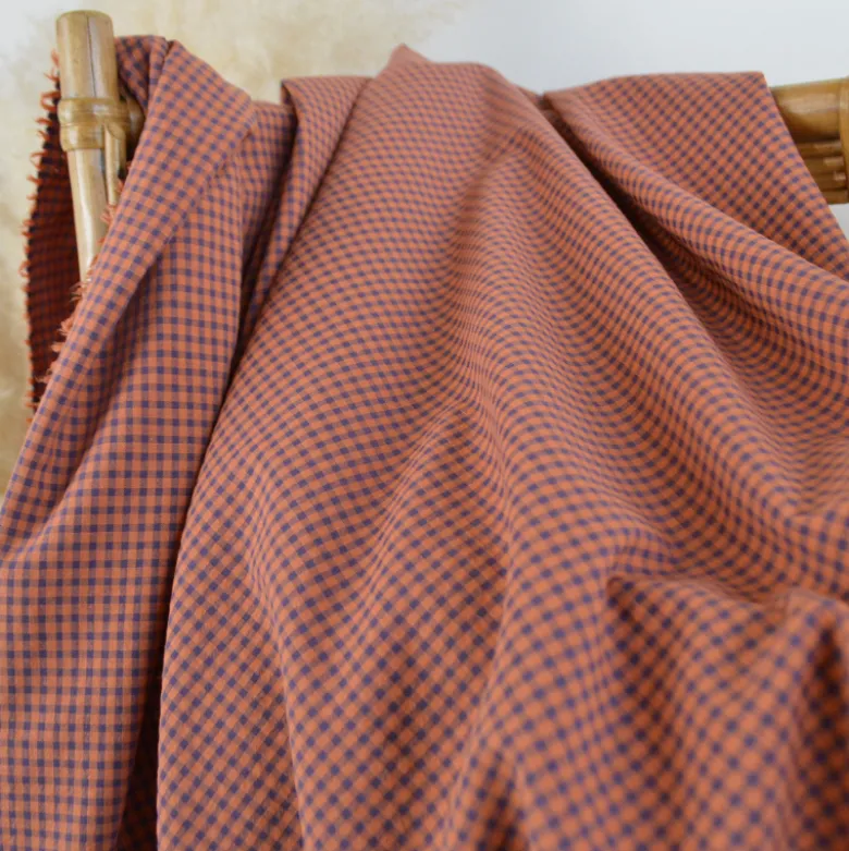 Tissu seersucker Vichy petits carreaux Caramel et Aubergine - OEKO TEX