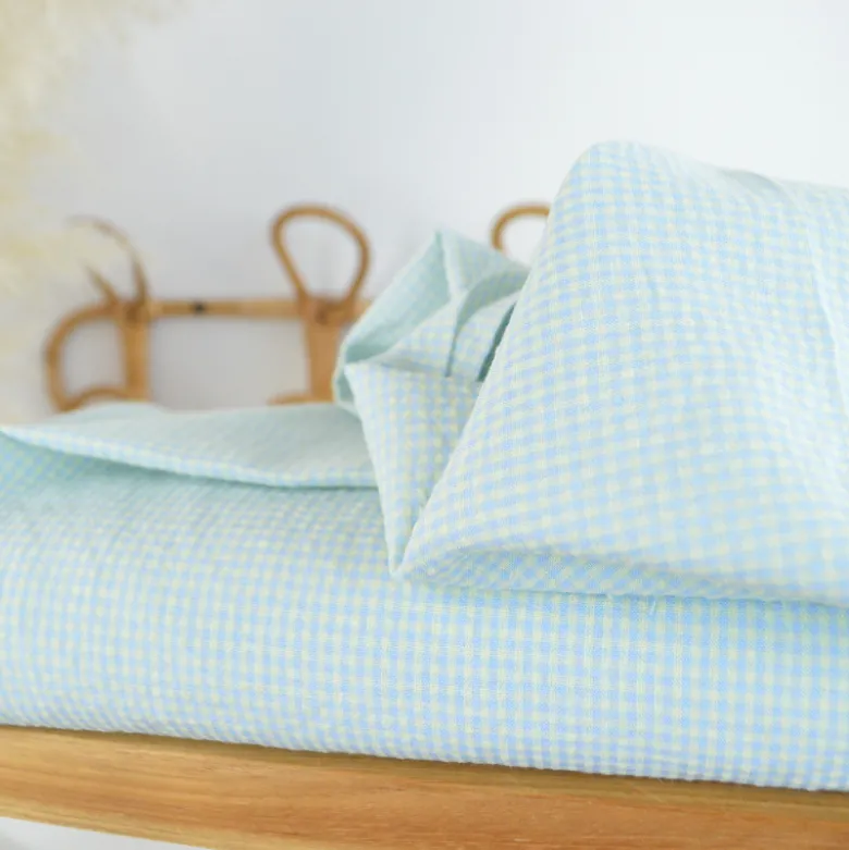 Tissu seersucker Vichy petits carreaux Bleu et jaune pâle