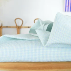 Tissu seersucker Vichy petits carreaux Bleu et jaune pâle