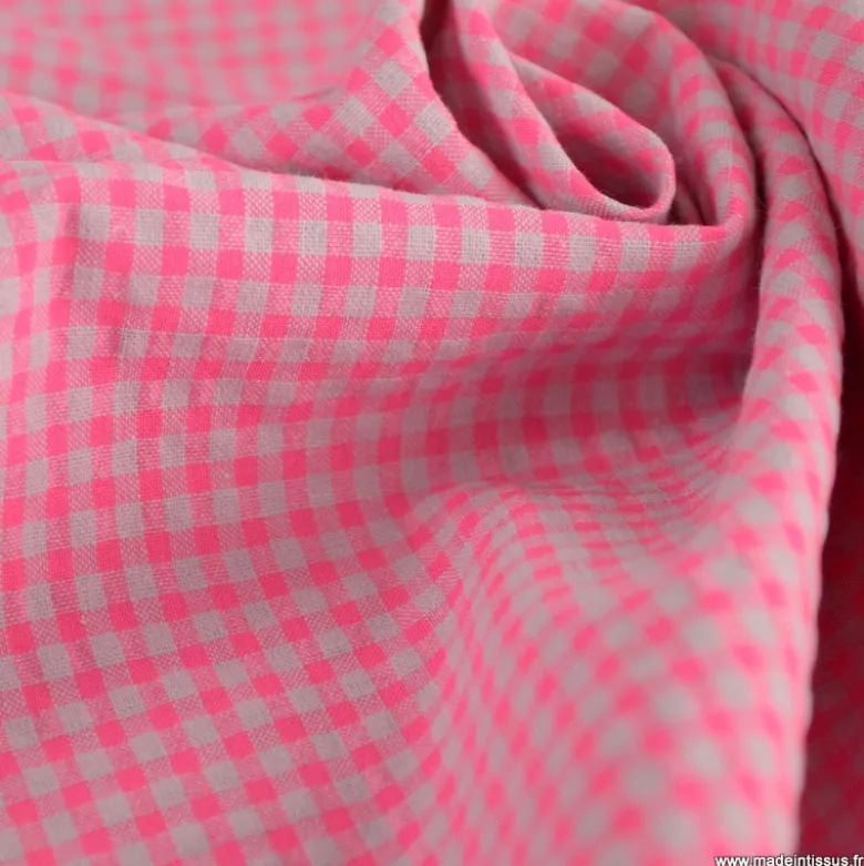 Tissu seersucker Vichy petits carreaux Rose Fluo - OEKO TEX