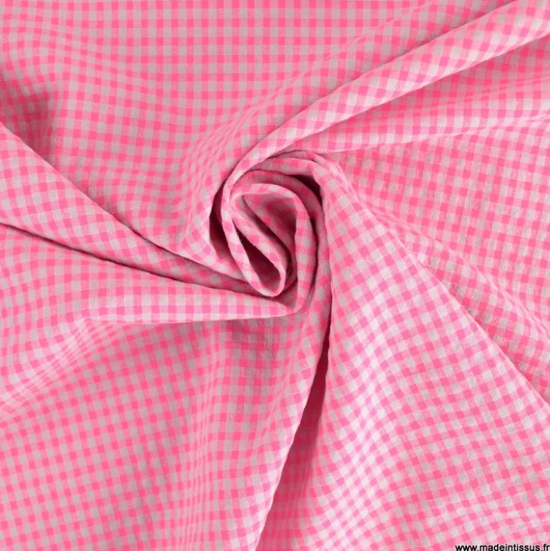 Tissu seersucker Vichy petits carreaux Rose Fluo - OEKO TEX
