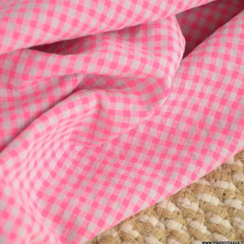 Tissu seersucker Vichy petits carreaux Rose Fluo - OEKO TEX