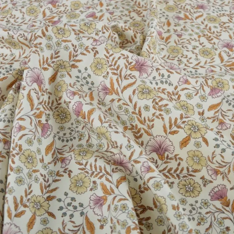 Tissu sergé de coton fleurs bohèmes écru, caramel & vieux rose