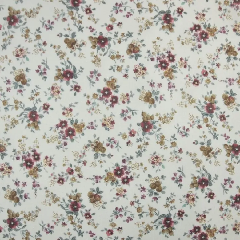 Tissu sergé fin de coton fleurs prunes fond blanc cassé
