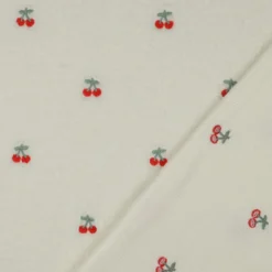 Tissu Sherpa brodée motif cerises fond écru