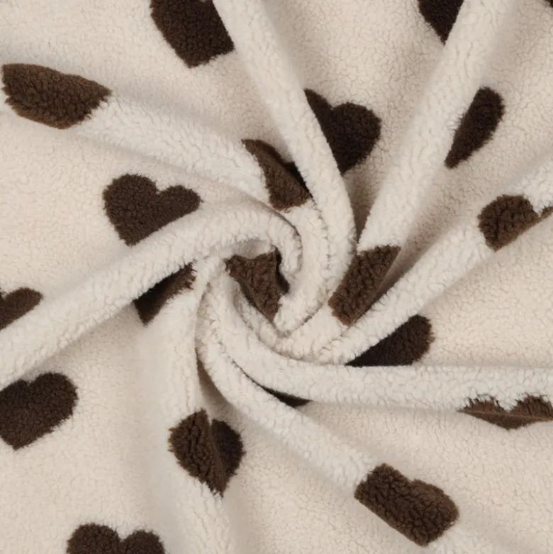Tissu Sherpa lourde motif coeurs chocolat - OEKO TEX