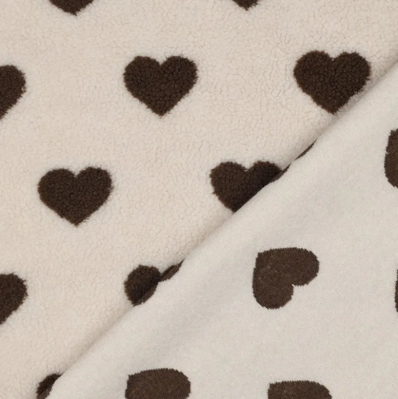 Tissu Sherpa lourde motif coeurs chocolat - OEKO TEX