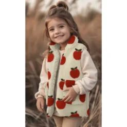 Tissu Sherpa motif pommes orangées fond écru