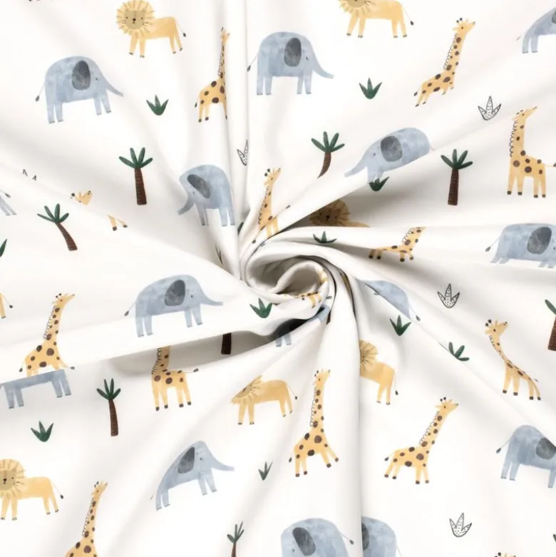 Tissu Softshell motifs animaux de la jungle fond blanc cassé