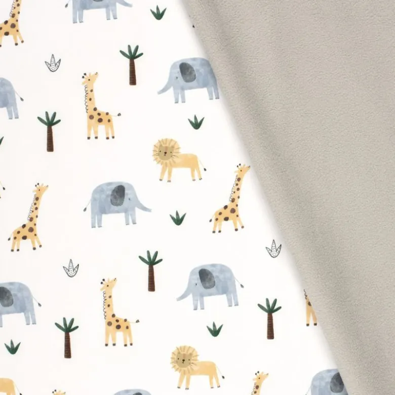 Tissu Softshell motifs animaux de la jungle fond blanc cassé