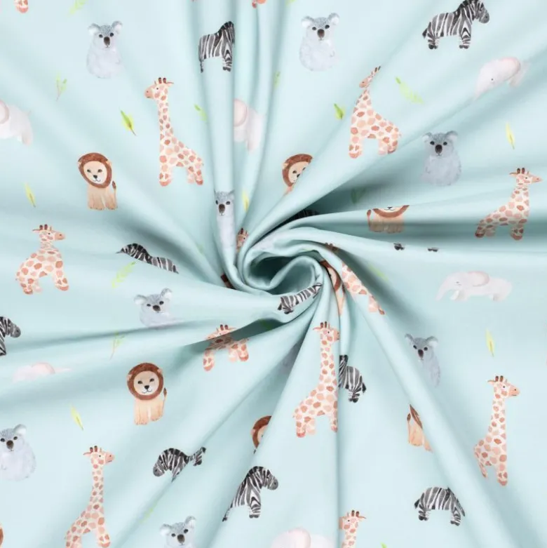 Tissu Softshell motifs animaux fond menthe clair