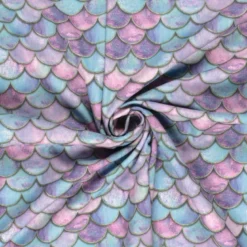 Tissu Softshell motifs écailles de sirènes rose et bleu