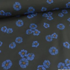 Tissu Softshell Poppy motifs fleurs bleues fond noir - oeko tex