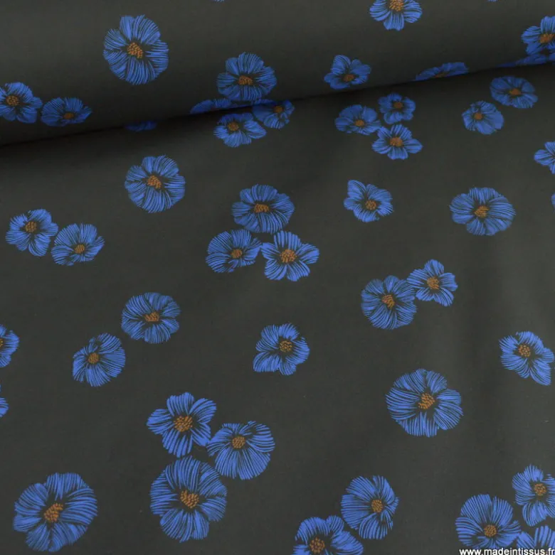 Tissu Softshell Poppy motifs fleurs bleues fond noir - oeko tex