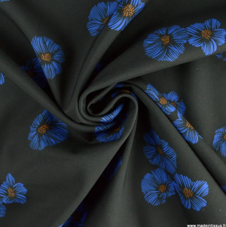 Tissu Softshell Poppy motifs fleurs bleues fond noir - oeko tex