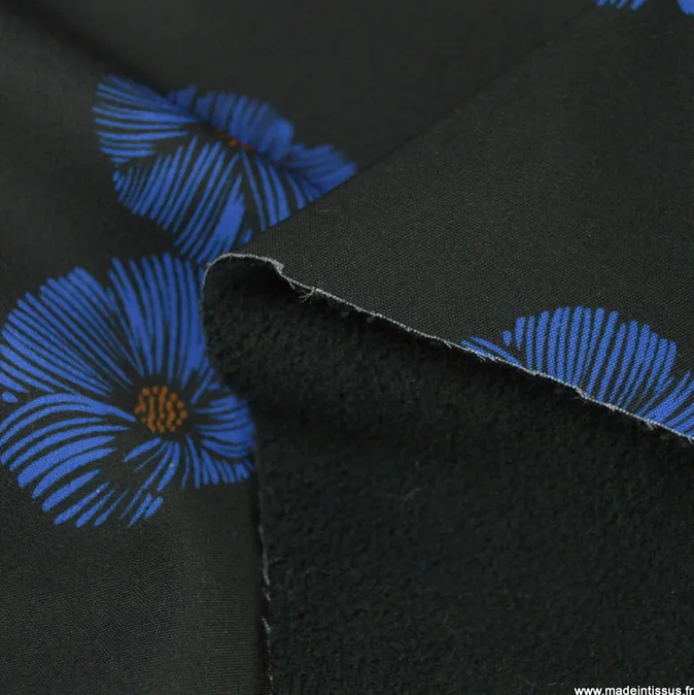 Tissu Softshell Poppy motifs fleurs bleues fond noir - oeko tex