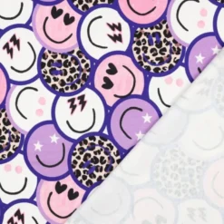 Tissu Sweat French Terry – Motif Smileys Pop & Léopard – Violet, Rose et Blanc - Poppy