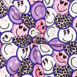 Tissu Sweat French Terry – Motif Smileys Pop & Léopard – Violet, Rose et Blanc - Poppy