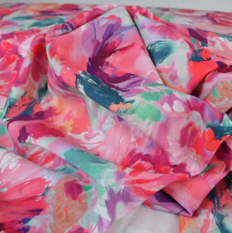 Tissu Sweat French Terry – Motif Fleurs Fuchsia Abstraites - Poppy